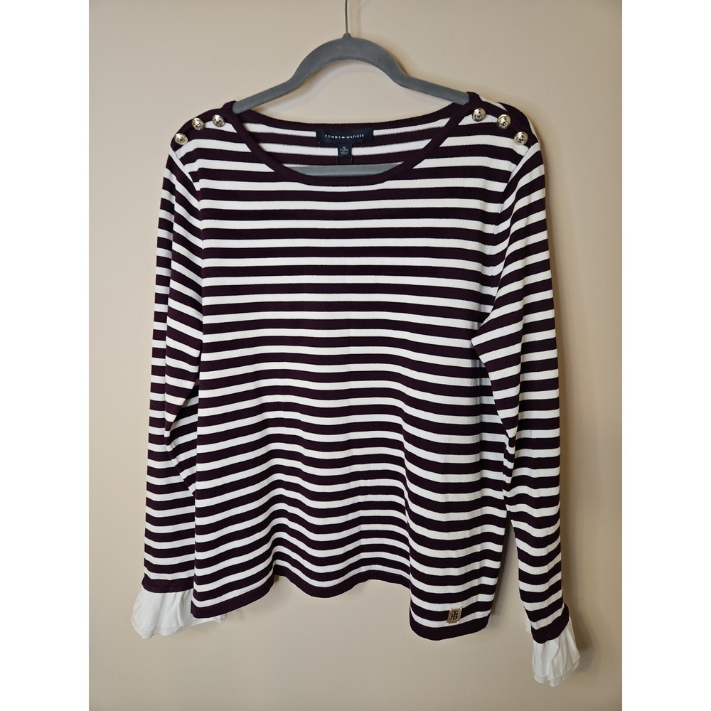 Tommy Hilfiger Sweater Women XL Purple White Striped Ruffle Cuff Silver Buttons